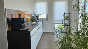 A modern kitchen with a central island, white cabinetry, and a black countertop. There are two windows with blinds, a ceiling vent, and a bamboo plant in the foreground.