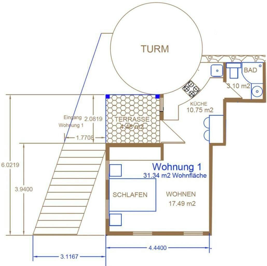 A floor plan of a building with a terrace, living room, and kitchen area.