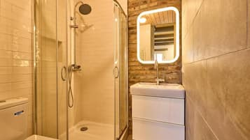 Shower, hair dryer, towels