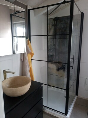 Shower, hair dryer, towels