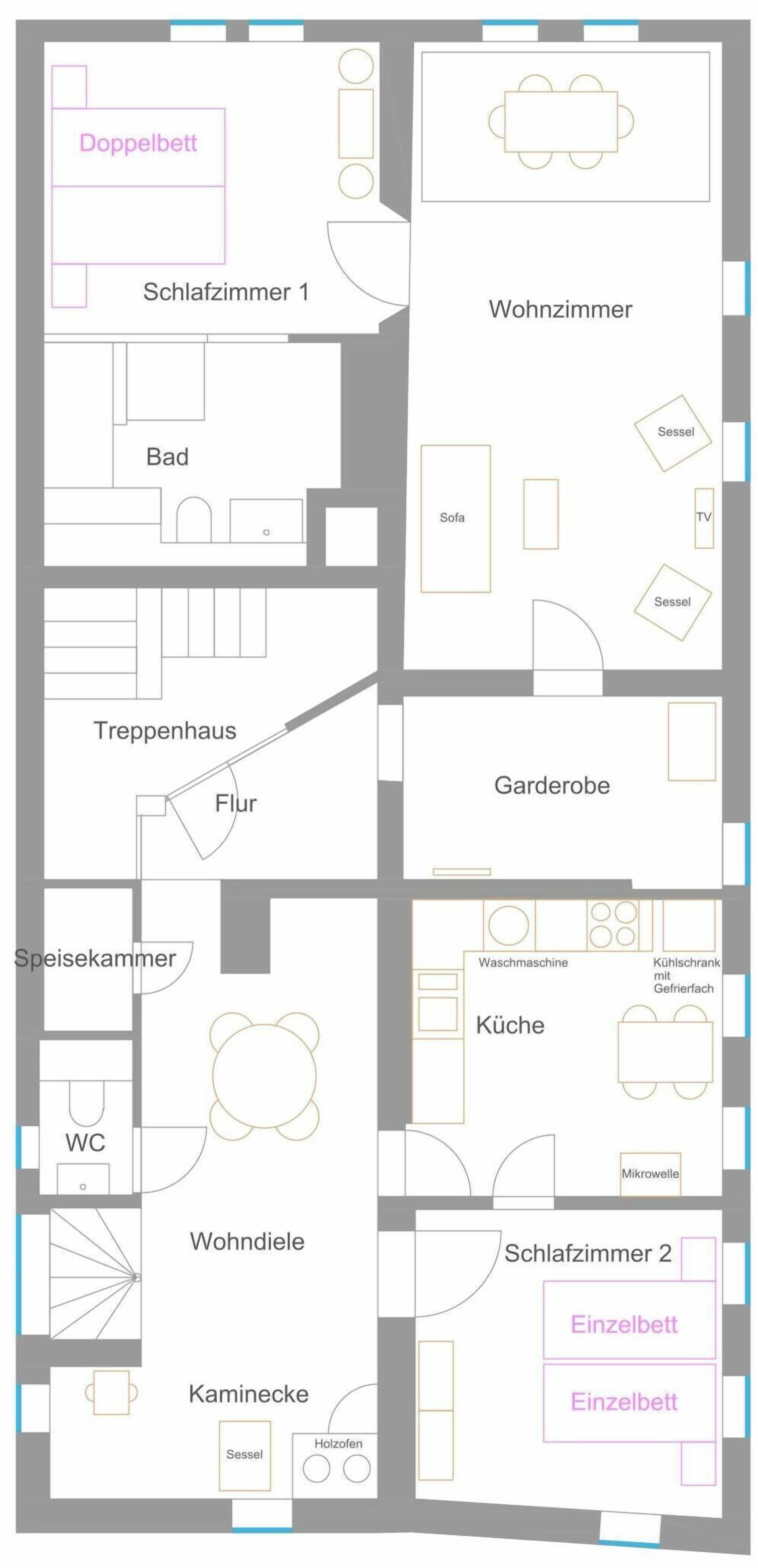 Een plattegrond van een hotel met een tweepersoonskamer, enkele kamers, een woonkamer, een eetruimte, een keuken, een badkamer en een toilet.