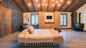 A log cabin-style room with a bed, a TV, and a fireplace. - Constelation Cabin / for big groups, 18 people (La Ciénega de González)