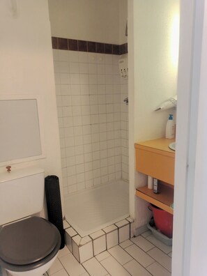 Kylpyhuone, jossa on wc, suihku ja pesuallas.
