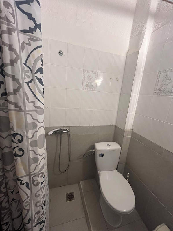 A small bathroom with a toilet, a shower, and a patterned curtain. - Sirtaki Apartments (Kassandra)