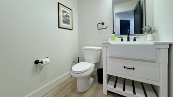 A modern bathroom with a toilet, sink, and mirror.