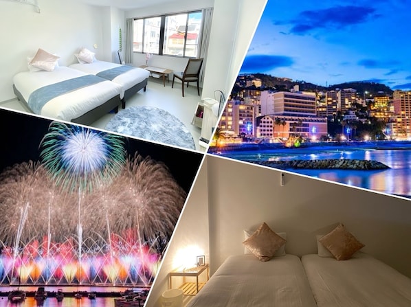 A hotel room with a bed, bedside table, chair, and a cityscape view. - THE MOON ATAMI (Atami)