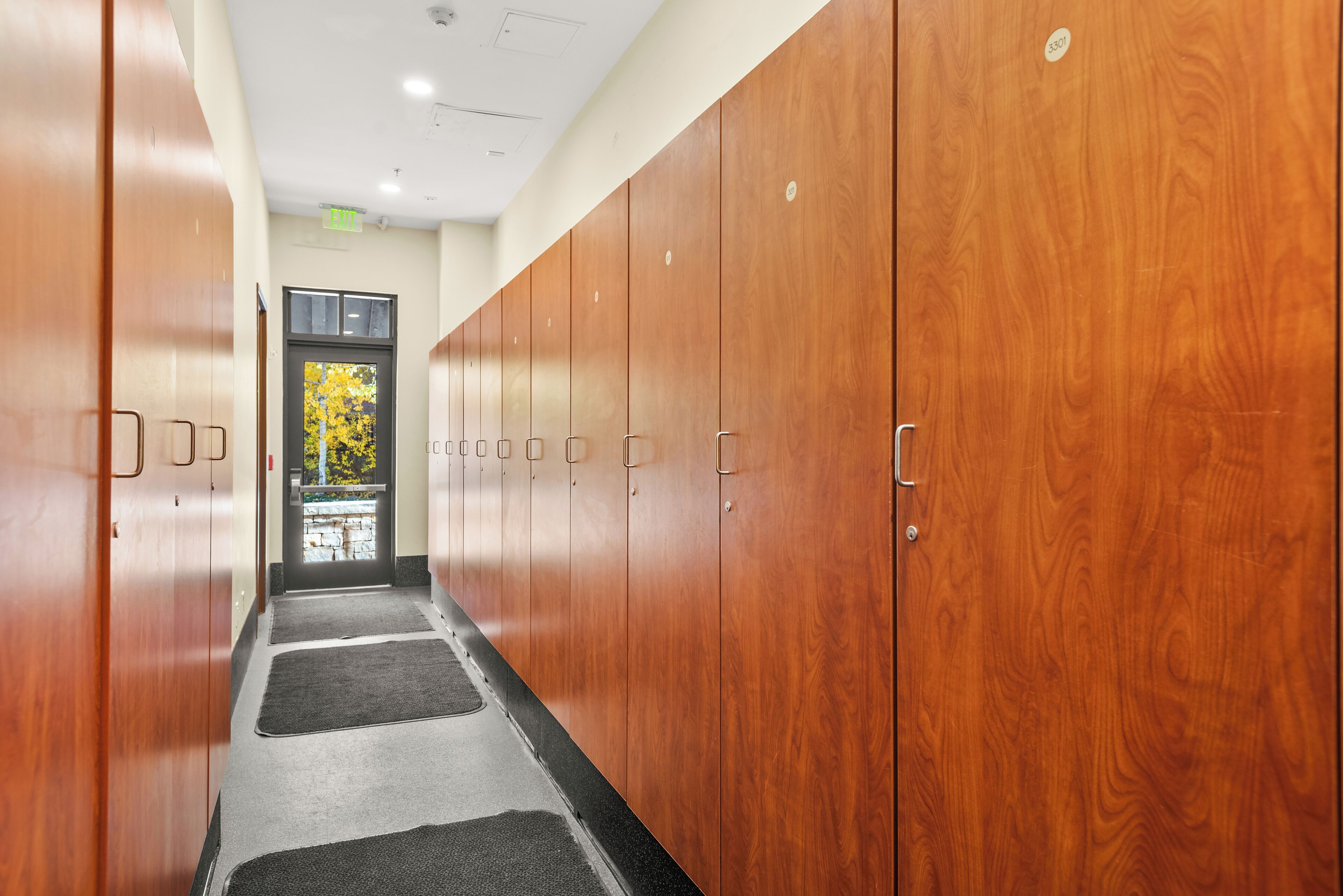 A hallway with wooden lockers, a carpeted floor, and a door leading to an outdoor area with trees.