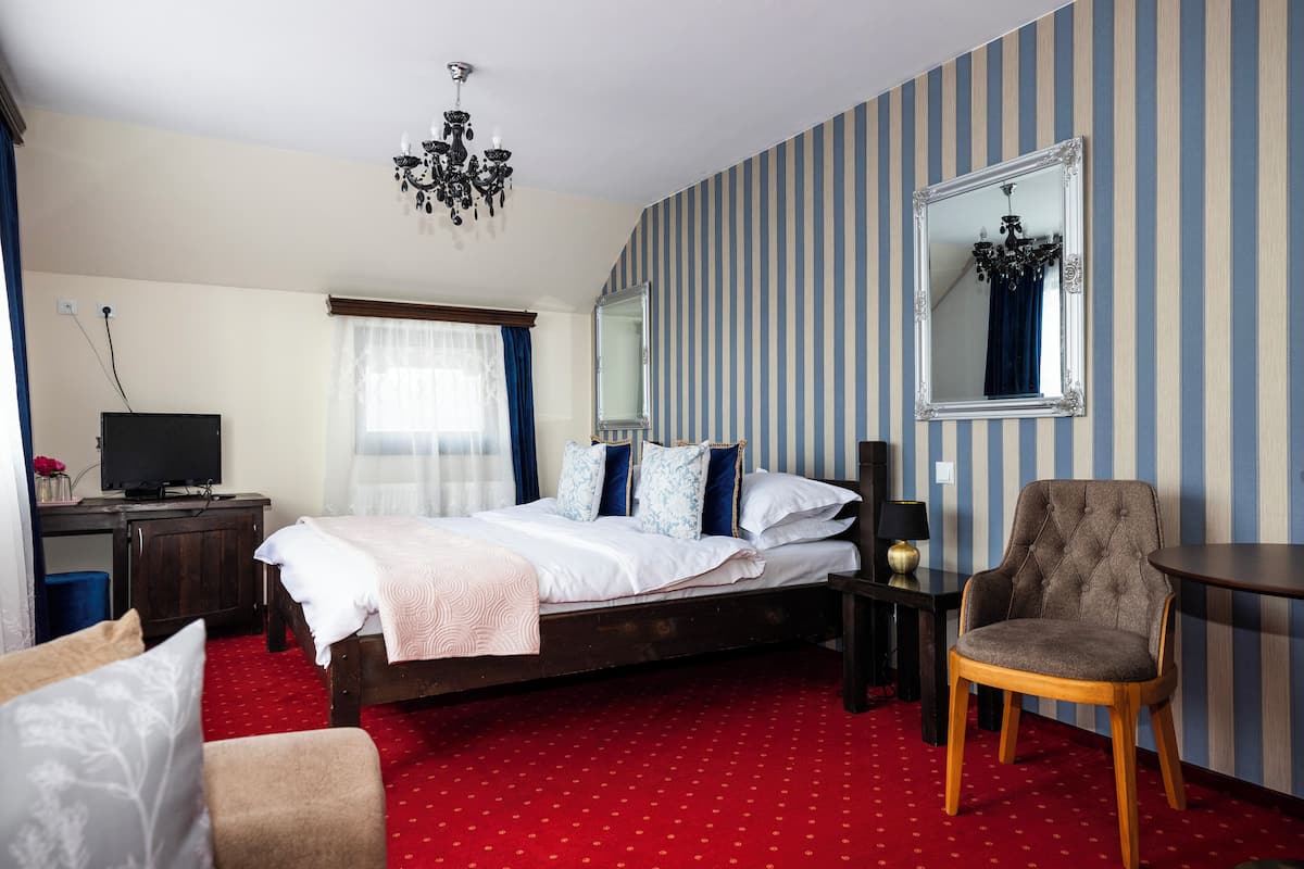 A hotel room with a bed, a chair, a desk with a lamp, a television, and a mirror on the wall.