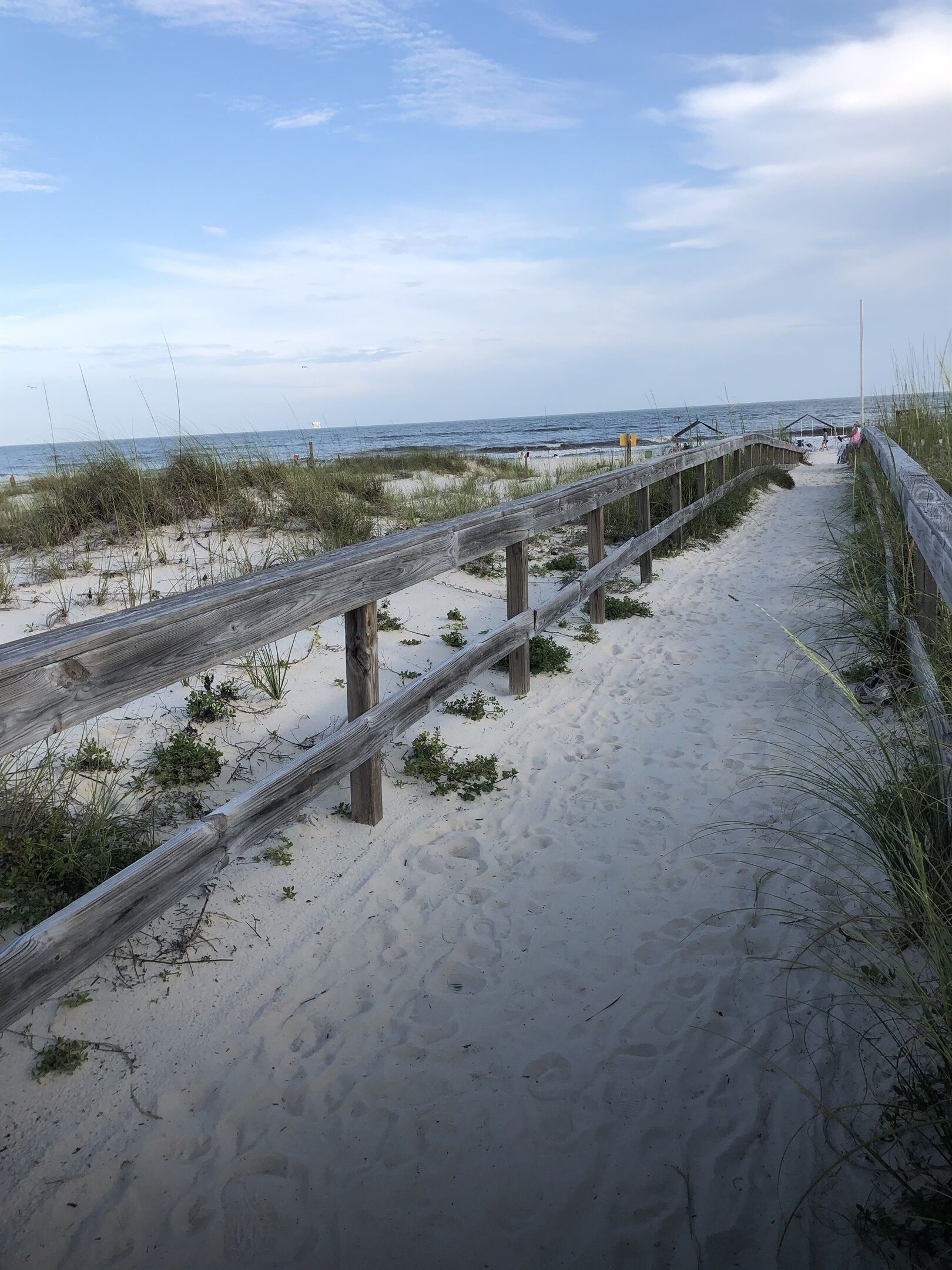 Un sentier de plage sablonneux, bordé de rambardes en bois et parsemé de quelques plantes.