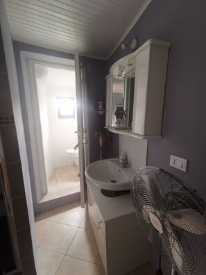 Apartamento | Banheiro | Chuveiro, secador de cabelo, toalhas de banho, papel higiênico