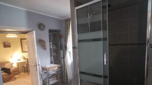 Una habitación con puerta de vidrio corredera que da a una zona de ducha, un pequeño rincón de descanso con sofá, y un espacio desordenado con estanterías y alfombra.