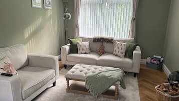 Flat-screen TV, fireplace