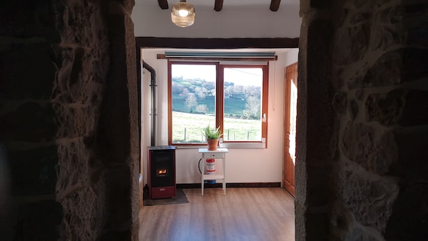 Ein Zimmer mit Steinswand, Holzboden, einem Fenster mit Blick auf eine grüne Landschaft, einem kleinen Tisch mit Pflanze und einem roten Heizkörper.