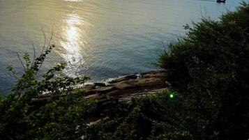 A coastal view with the sun reflecting on the water, boats, and a rocky shoreline with vegetation.