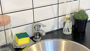 A stainless steel kitchen sink with a modern faucet, a small potted plant, and a glass container on the countertop.