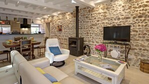 Een moderne woonkamer met een stenen muur, een open haard, een bank, een salontafel en een televisie.
