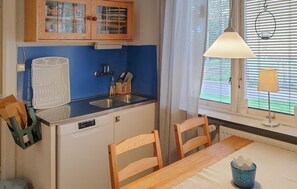 Fridge, stovetop, dishwasher, coffee/tea maker