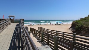 A wooden boardwalk leading to a beach with a clear view of the ocean. - Four Seasons- Endless Ocean and Sound Views, Private Pool, and Hot Tub (Hatteras)