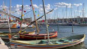 Un port de plaisance où sont amarrés plusieurs bateaux aux couleurs vives, un ciel dégagé et une côte lointaine parsemée de bâtiments.