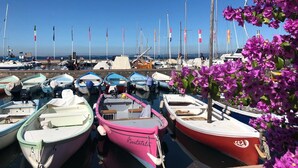 Marina com vários barcos atracados, bandeiras e céu claro.