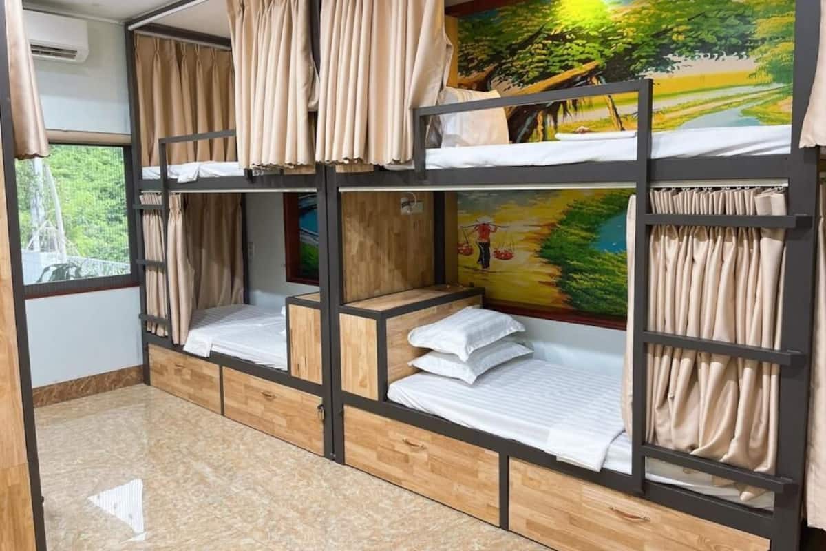A bunk bed room with curtains, a mural, and a window.