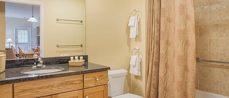 Shower, hair dryer, shampoo