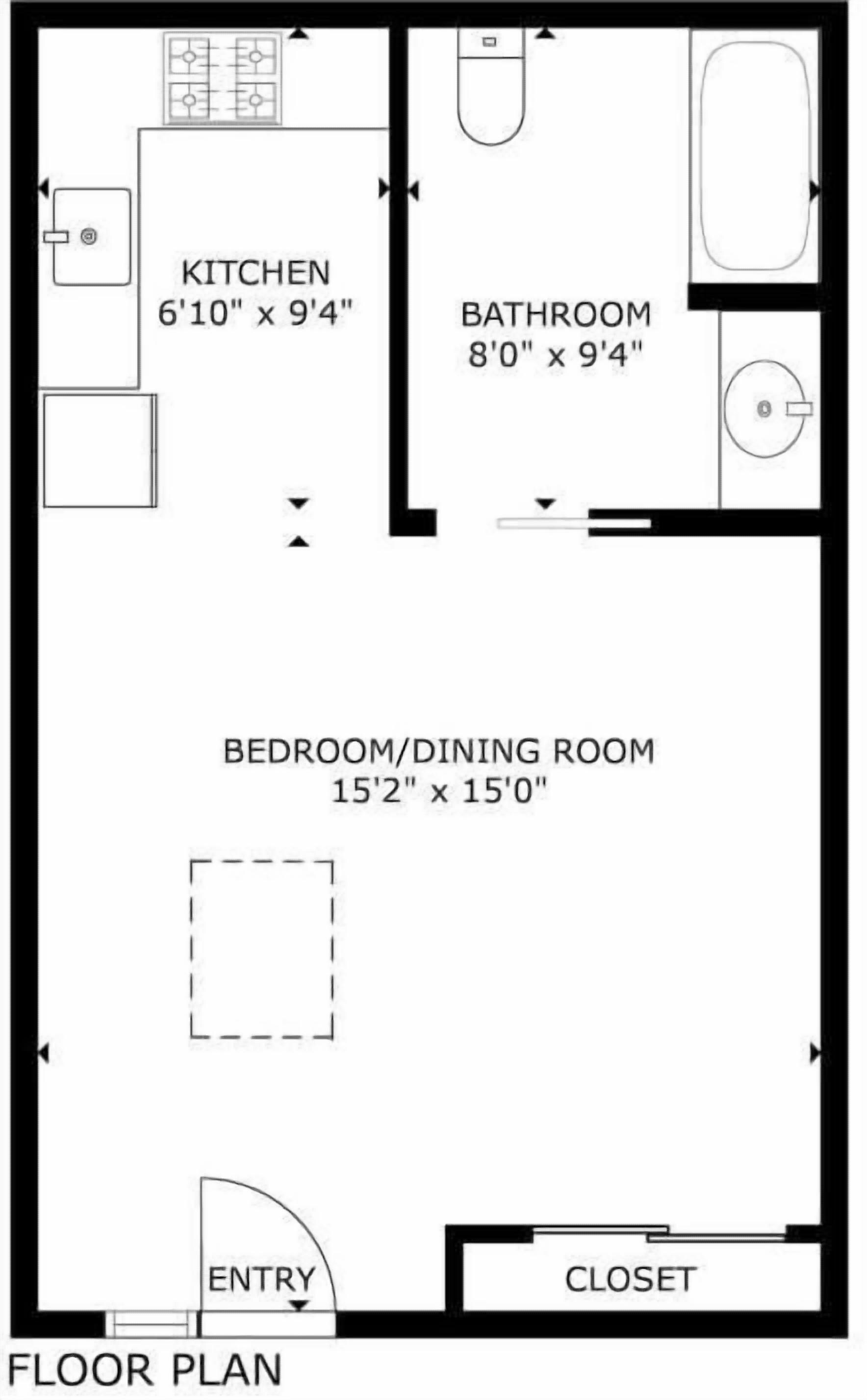 A floor plan with a kitchen measuring 6'10" x 9'4", a bathroom measuring 8'0" x 9'4", and a bedroom/dining room measuring 15'2" x 15'0".