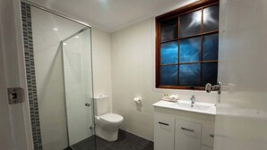 Een badkamer met een douchecabine van glas, een toilet, een wastafel met spiegel en een raam met blauw getint glas.