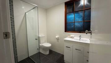 Shower, hair dryer, towels, shampoo
