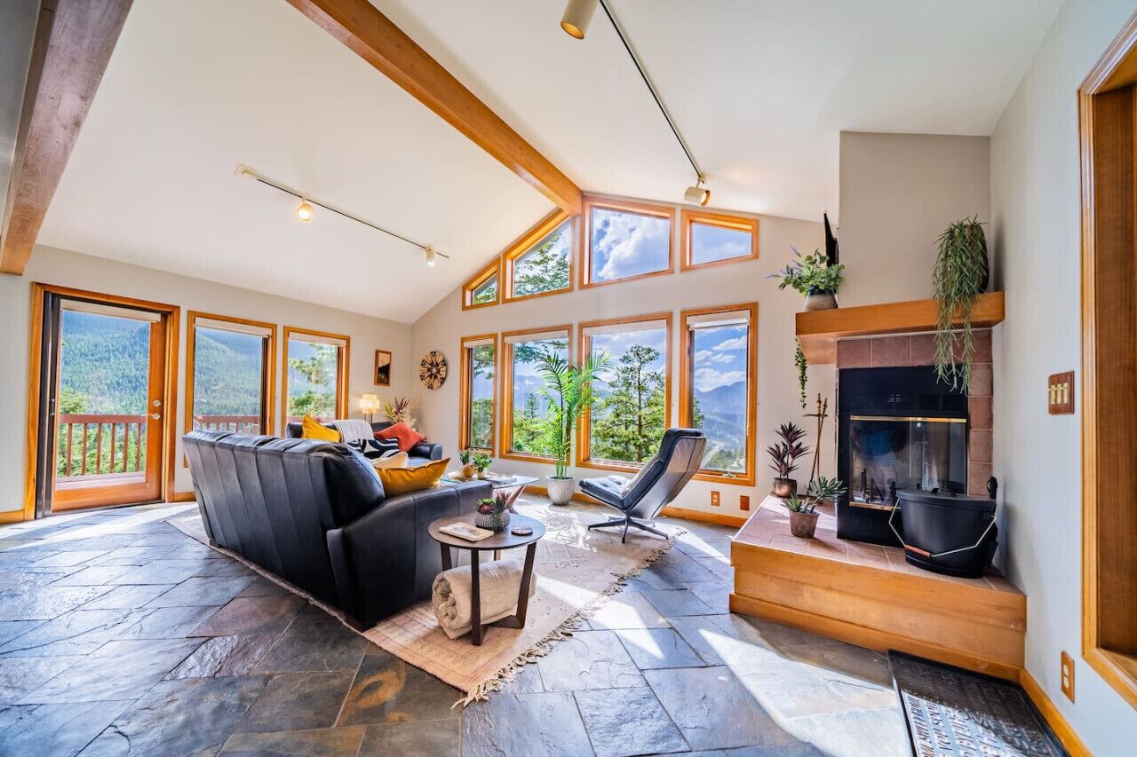 TV, fireplace, books, stereo