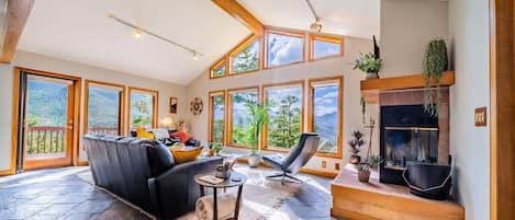 Televisión, chimenea, libros y estéreo