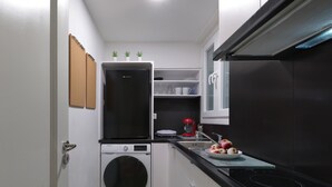 A compact kitchen with a washing machine, a sink, and a stove. - Modern Living in Kolonaki (Athens)