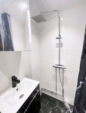 Séchoir à cheveux, serviettes fournies, savon, papier de toilette