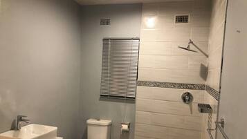 Shower, hair dryer, towels, toilet paper