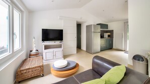 A modern living room with a sofa, ottoman, and television. - 850 from de beach, new house for 6 in the wood (Longeville-sur-Mer)