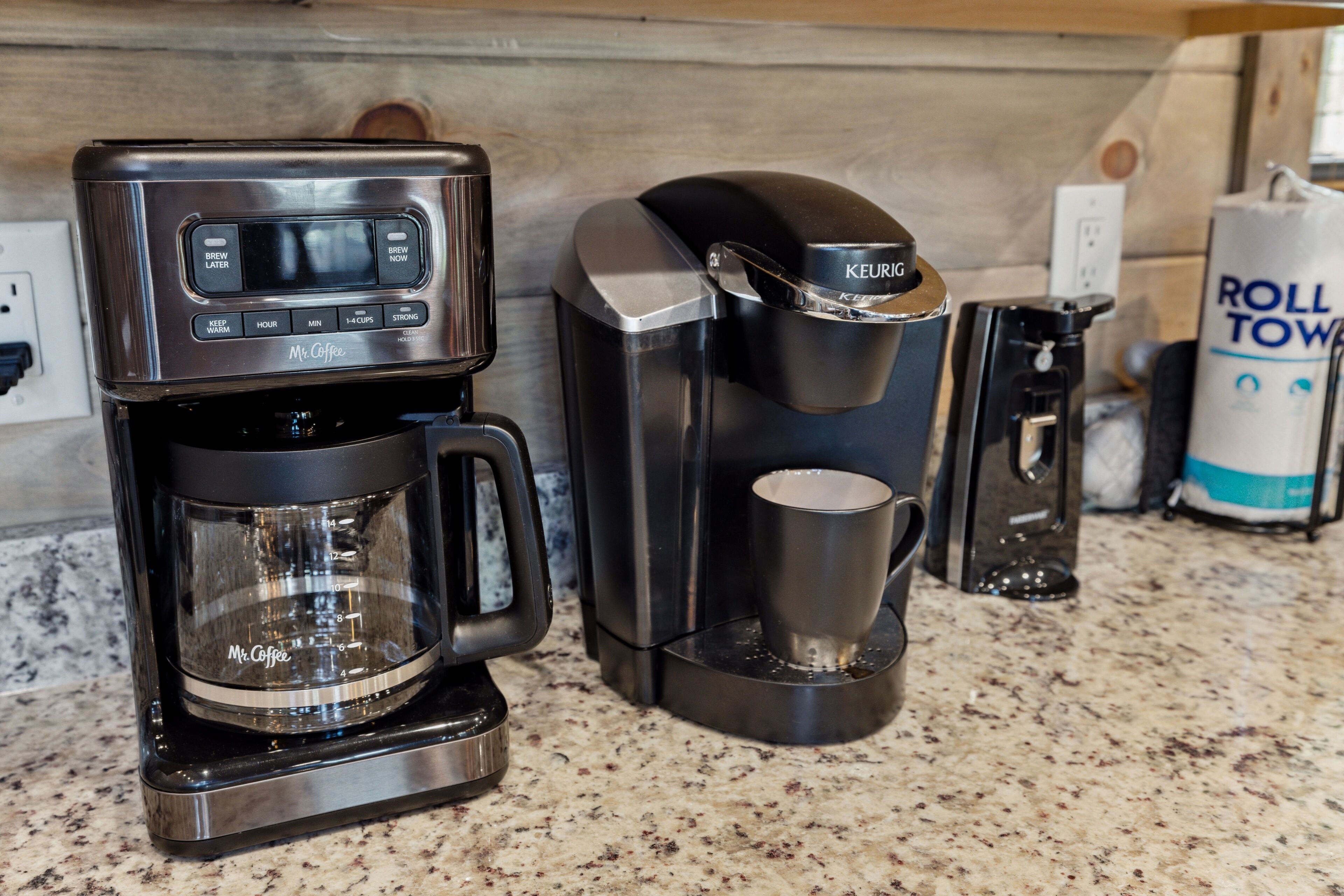 A coffee maker and a Keurig coffee machine on a kitchen counter.