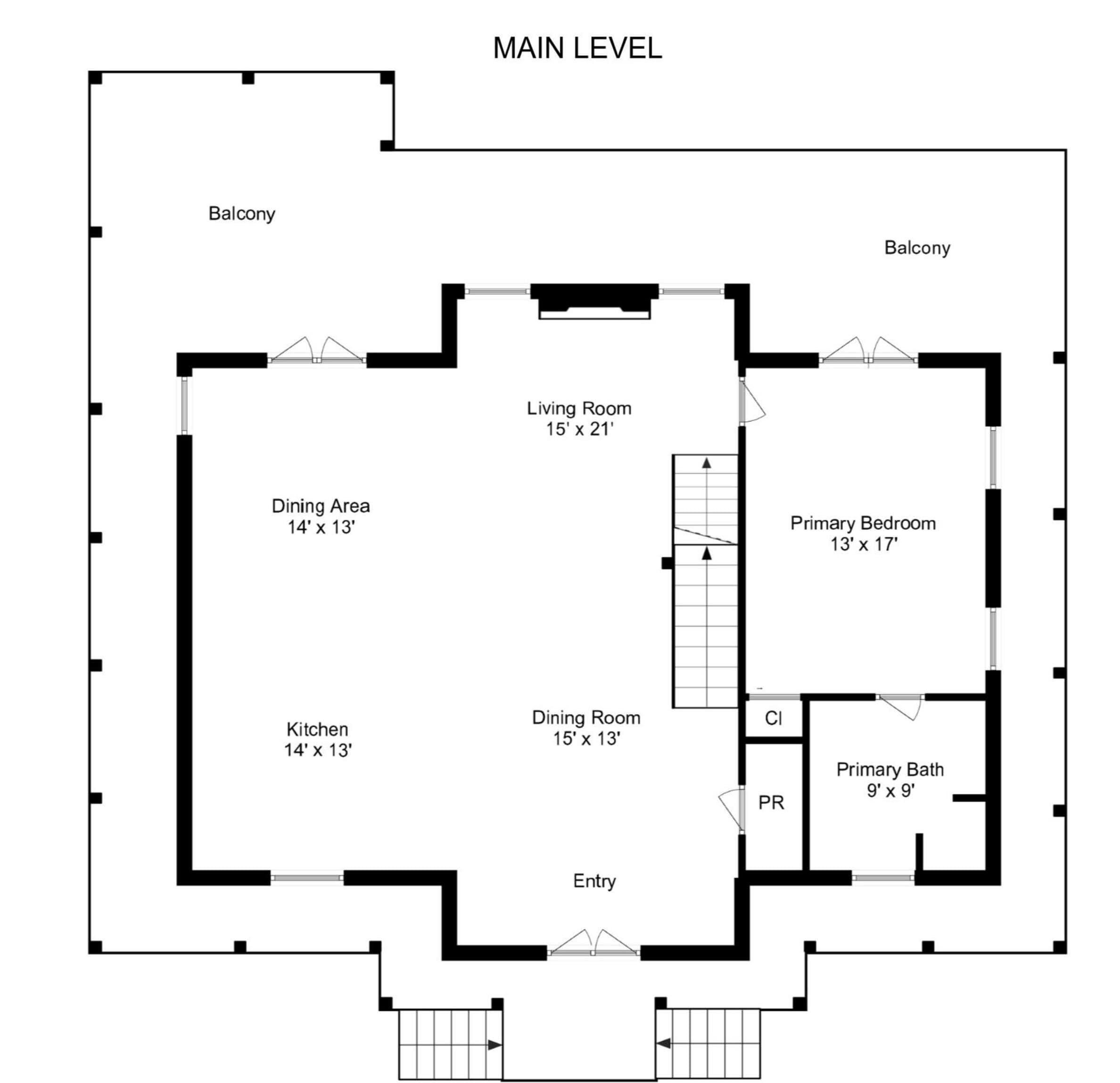 A floor plan of a main level with a balcony, living room, dining area, kitchen, dining room, primary bedroom, primary bath, and entry.
