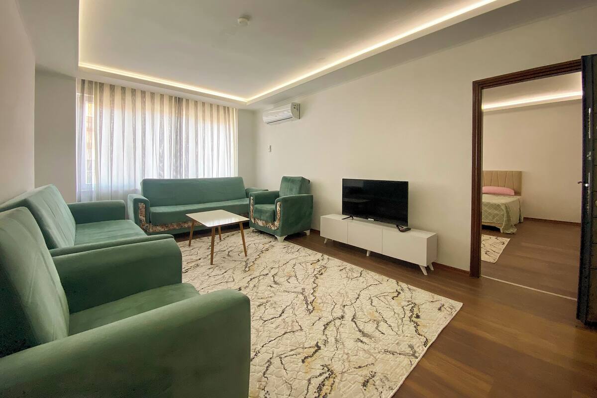 A modern living room with a green sofa set, a flat-screen TV on a white stand, and a patterned rug.