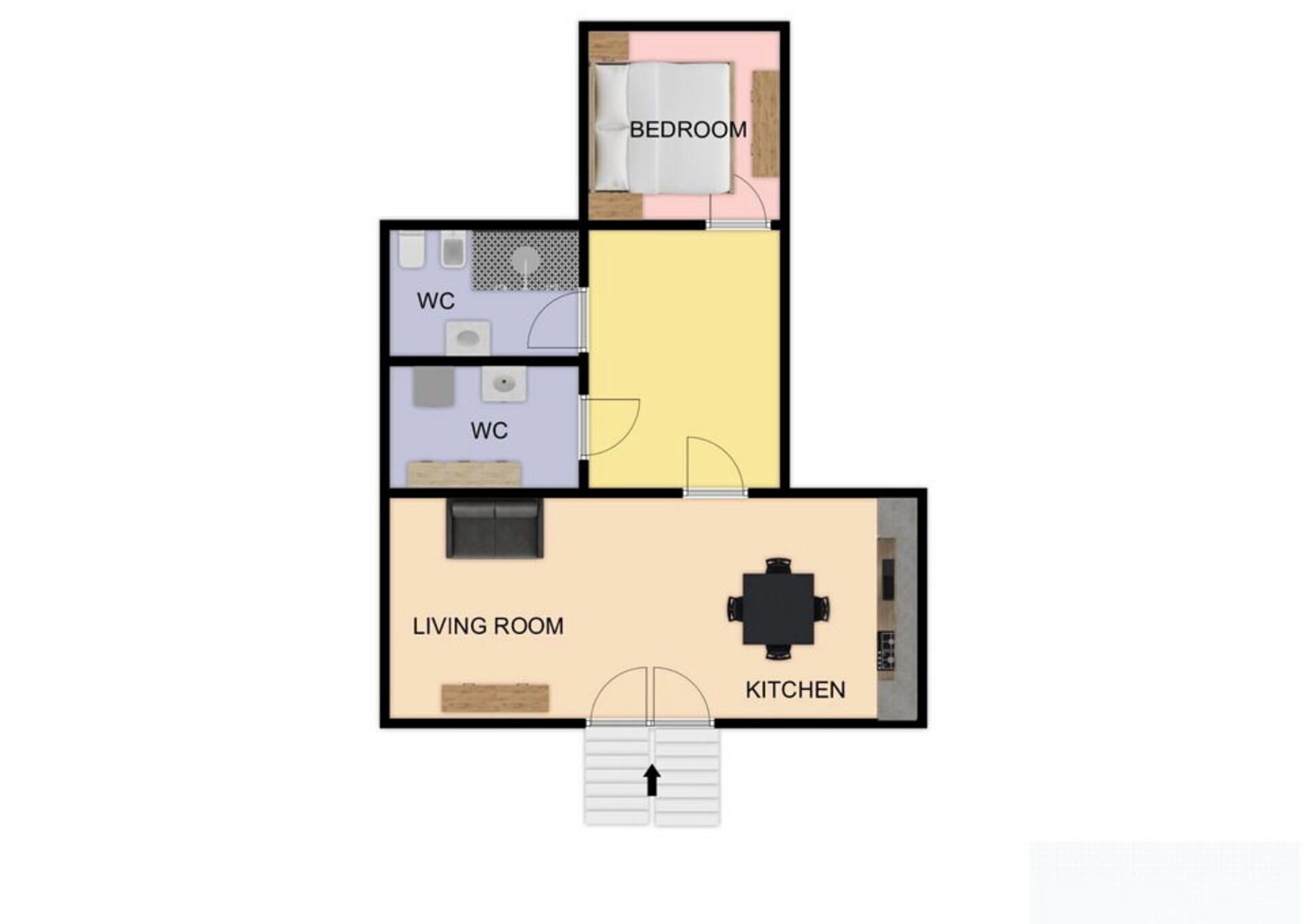 A floor plan with a bedroom, two bathrooms, a living room, and a kitchen.