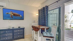 A room with a TV displaying a sea turtle, a wooden table with chairs, a blue patterned curtain, and a view of the outside.