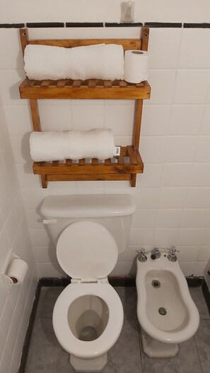 Hårføner, bidé, håndklær og såpe