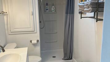 Hair dryer, towels, soap, toilet paper