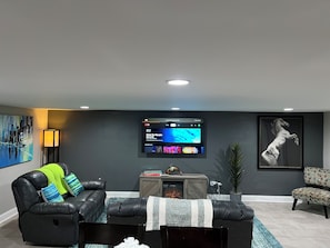Smart TV, fireplace, computer monitors