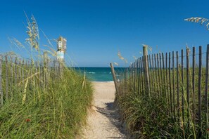 A sandy path leading to the sea, flanked by tall grasses and a wooden fence.