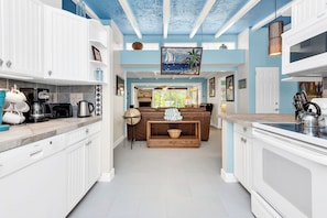 Microwave, stovetop, dishwasher, coffee/tea maker