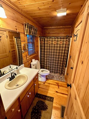 Ein Badezimmer einer Holzhütte mit Waschbecken, Toilette und Dusche.