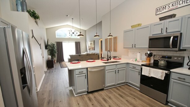 A modern kitchen with grey cabinets, stainless steel appliances, and a wooden floor. - Newly Renovated Home With Calming Atmosphere (Kissimmee)