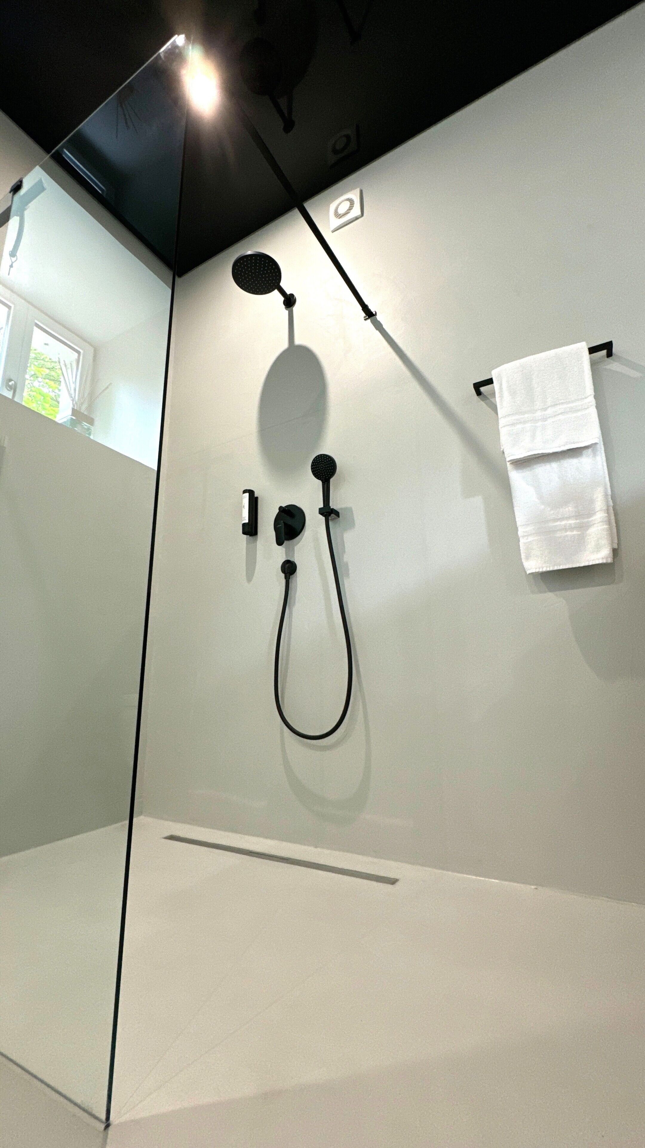 Un baño moderno con ducha, toallero y espejo.