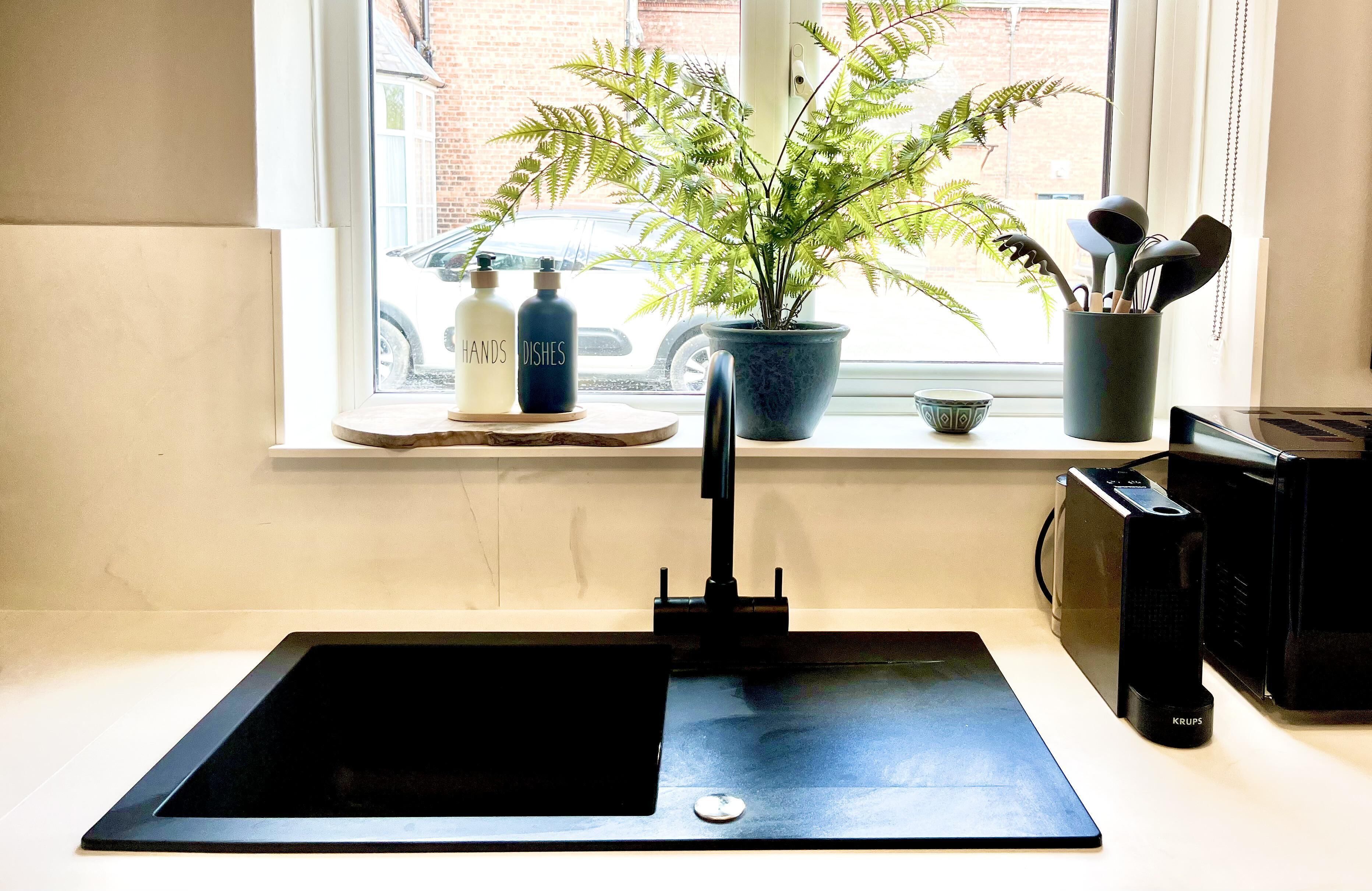A kitchen with a black sink, a potted plant, and a window with a view of a car and buildings outside.
