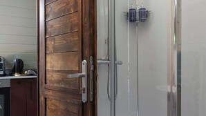 Une salle de bain moderne avec une douche à parois de verre, une porte en bois et des toilettes apparentes.